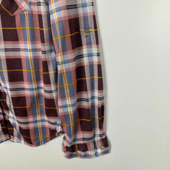 Passport Women Top Medium Plaid Snap Closure Pink Multicolor Roll-Up Long Sleeve - Picture 4 of 10